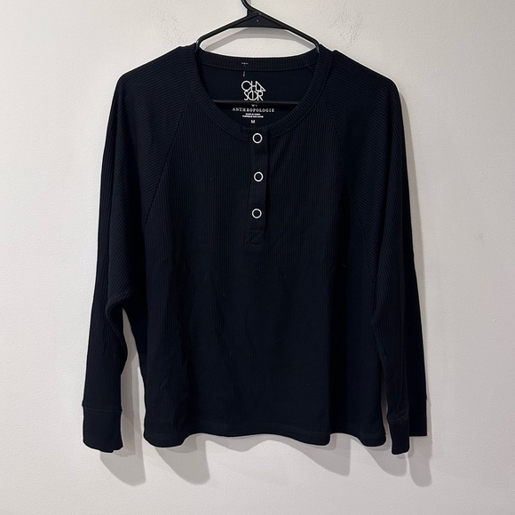 Anthropologie Chaser black ribbed henley button front long sleeve top - Picture 1 of 4